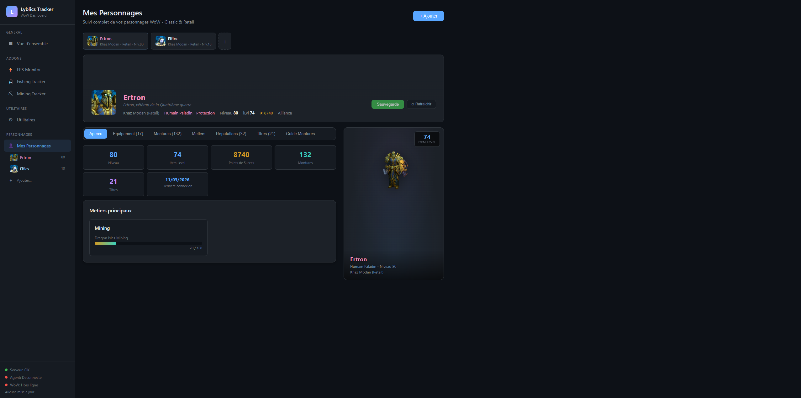 Aperçu du projet Tracker de Stats World Of Warcraft